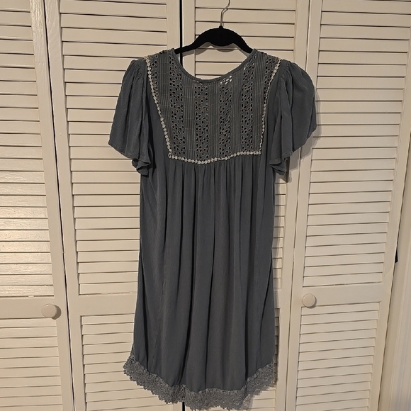 J Gee Boho Babydoll Mini Dress – Blue Gray, Size Small - Picture 3 of 5